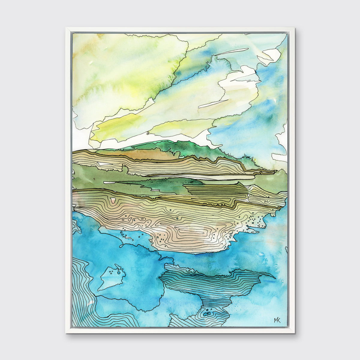 A blue, green, brown and light yellow abstract landscape with black outlines print in a white floater frame hangs on a white wall.