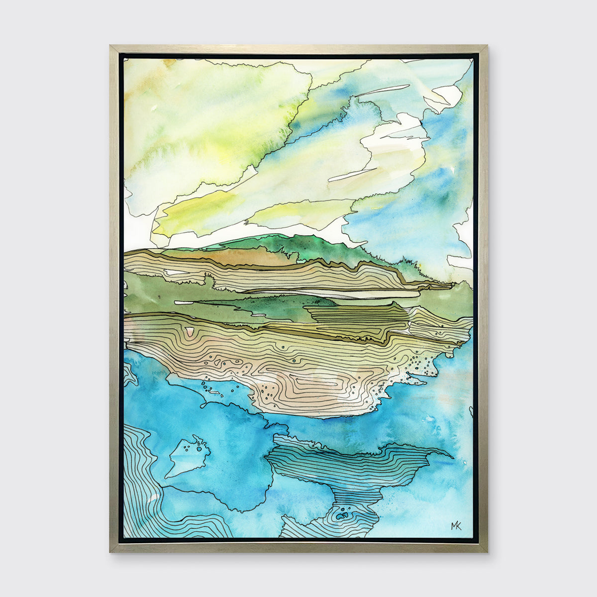 A blue, green, brown and light yellow abstract landscape with black outlines print in a silver floater frame hangs on a white wall.