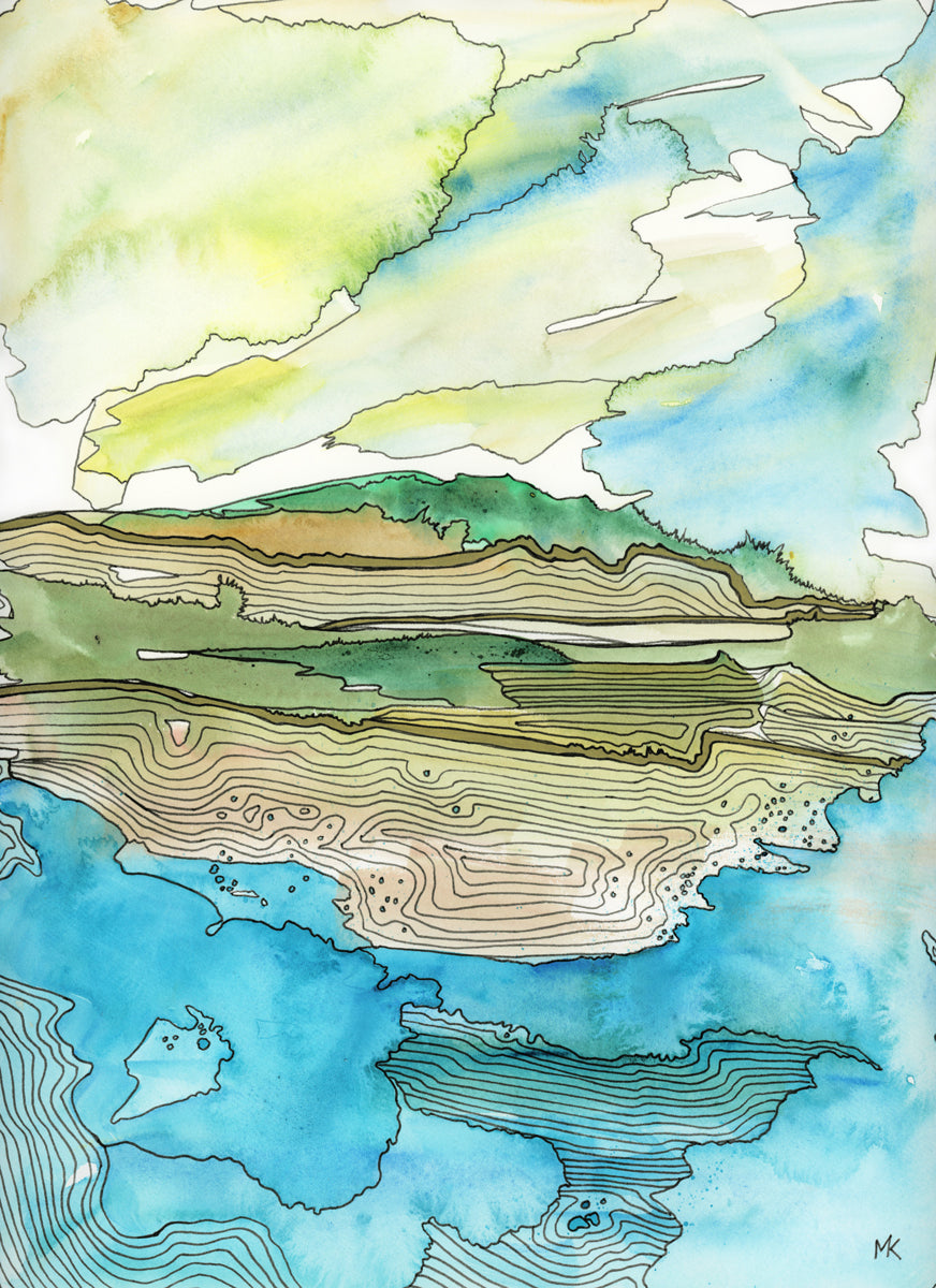 A blue, green, brown and light yellow abstract landscape with black outlines print by Melissa Kircher.