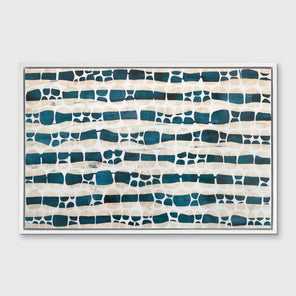 A white, dark teal and beige abstract print in a white floater frame hangs on a white wall.