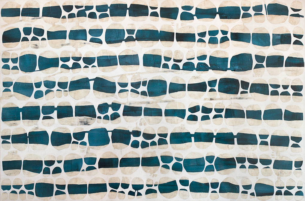 A white, dark teal and beige abstract print by Sofie Swann.