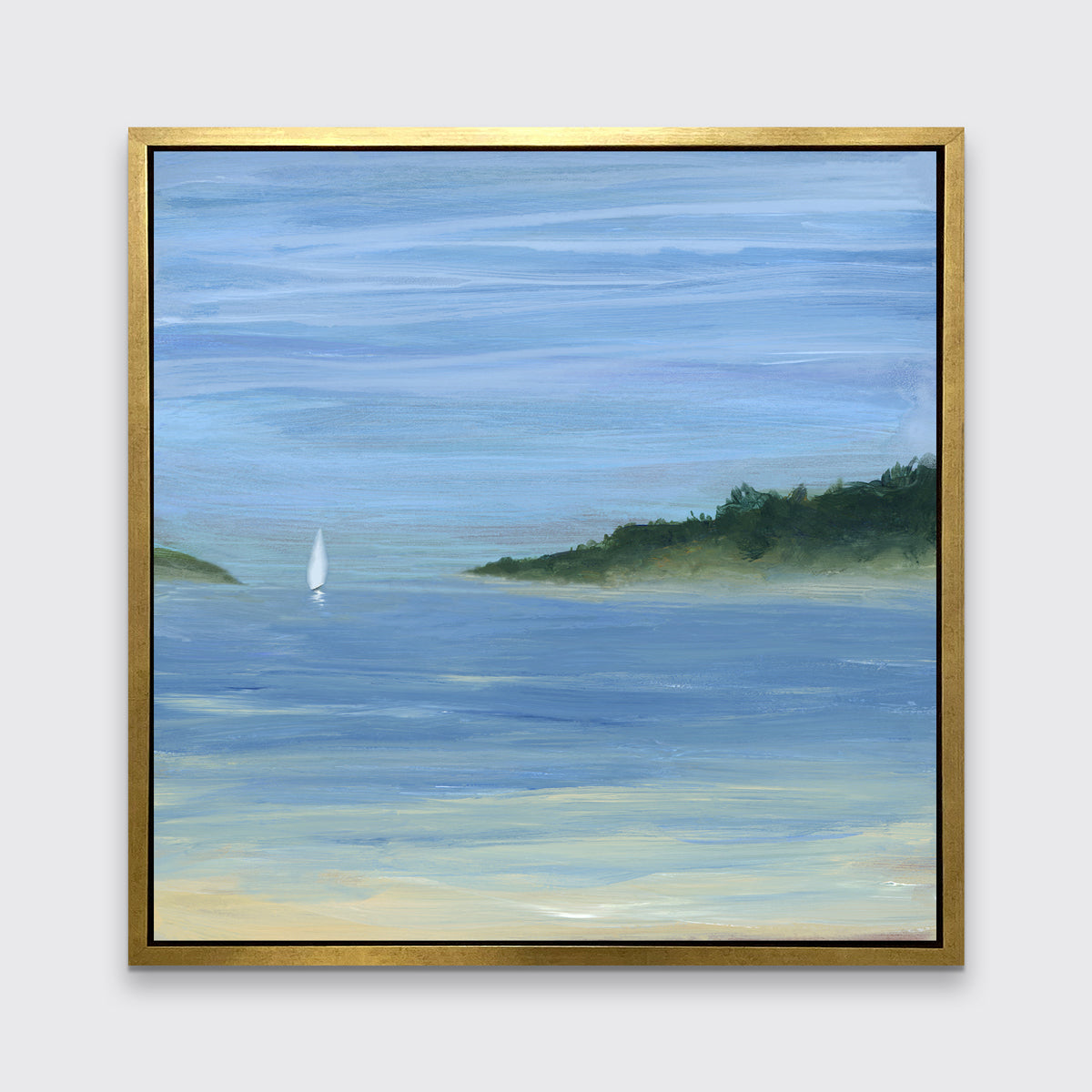 A blue, green and white abstract seascape print with a small sailboat in a gold floater frame hangs on a white wall.