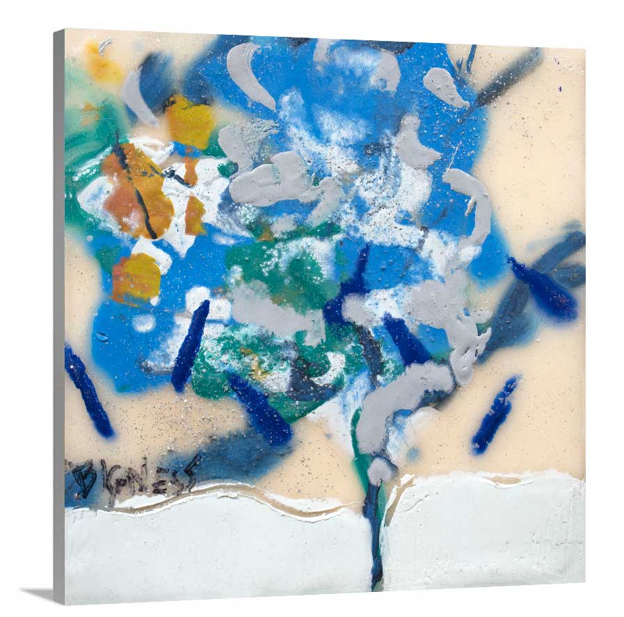 A side-angle view of a blue, white, green and orange abstract print on canvas.