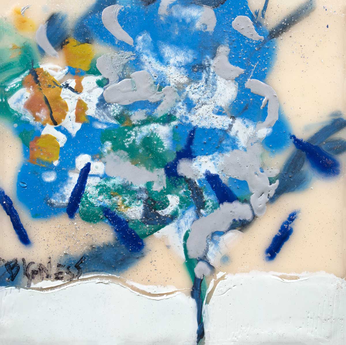 A blue, white, green and orange abstract print by Linda Bigness.