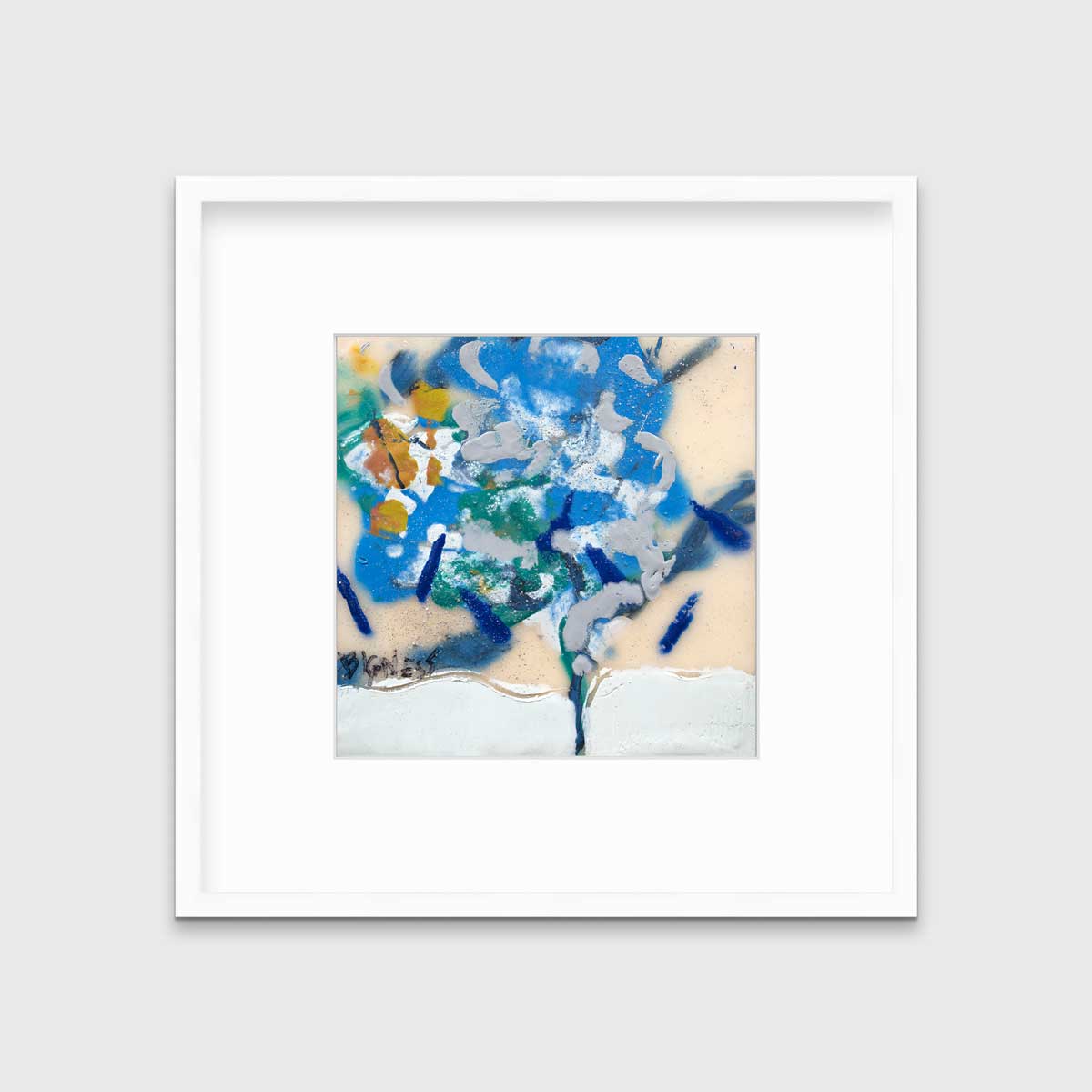 A blue, white, green and orange abstract print in a white frame with a mat hangs on a white wall.