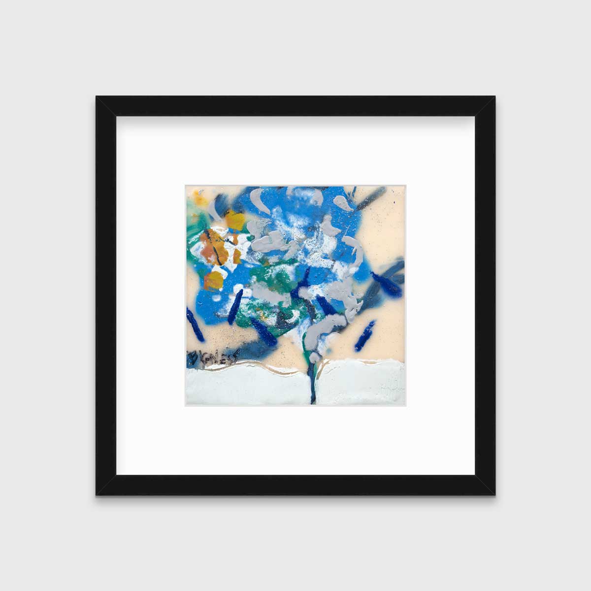 A blue, white, green and orange abstract print in a black frame with a mat hangs on a white wall.