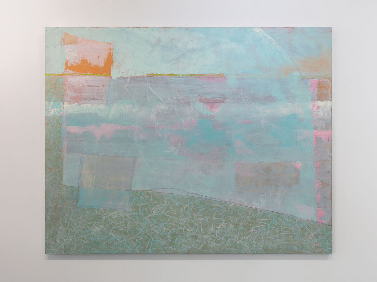 An abstract painting with blue, orange, green and pink tones hangs on a gallery wall.