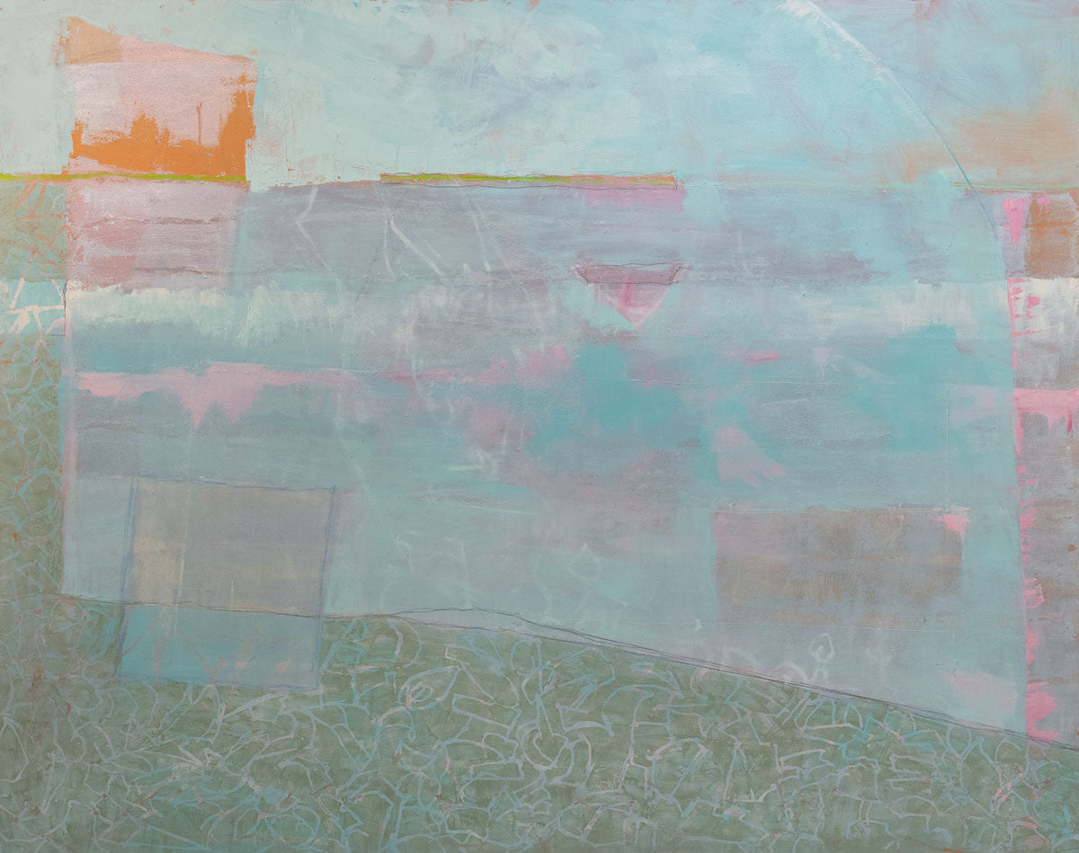 An abstract painting by Christine Averill-Green. The main colors of the painting are light blue, pink, orange and amber.