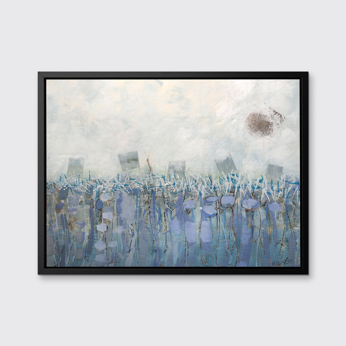 A beige, teal and lavender abstract print in a black floater frame hangs on a white wall.