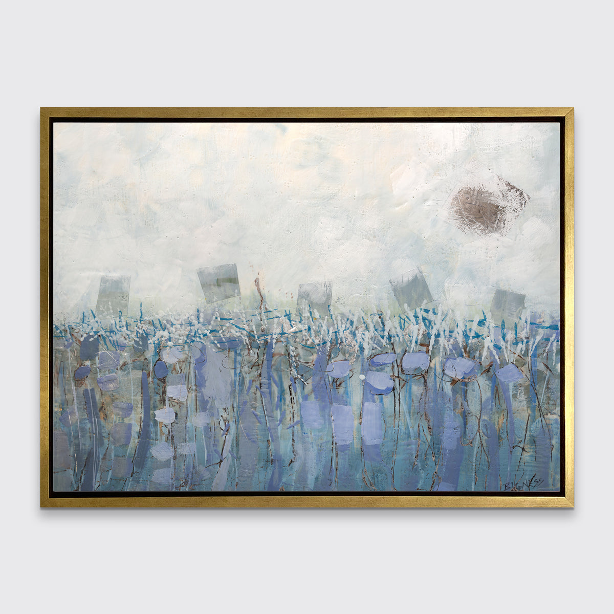 A beige, teal and lavender abstract print in a gold floater frame hangs on a white wall.