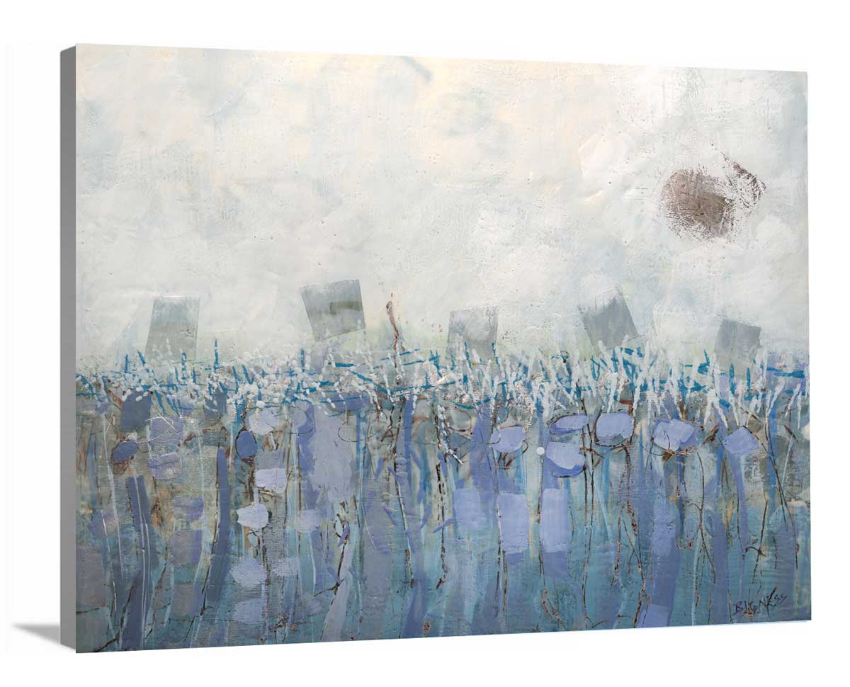 A side-angle view of a beige, teal and lavender abstract print on a canvas.