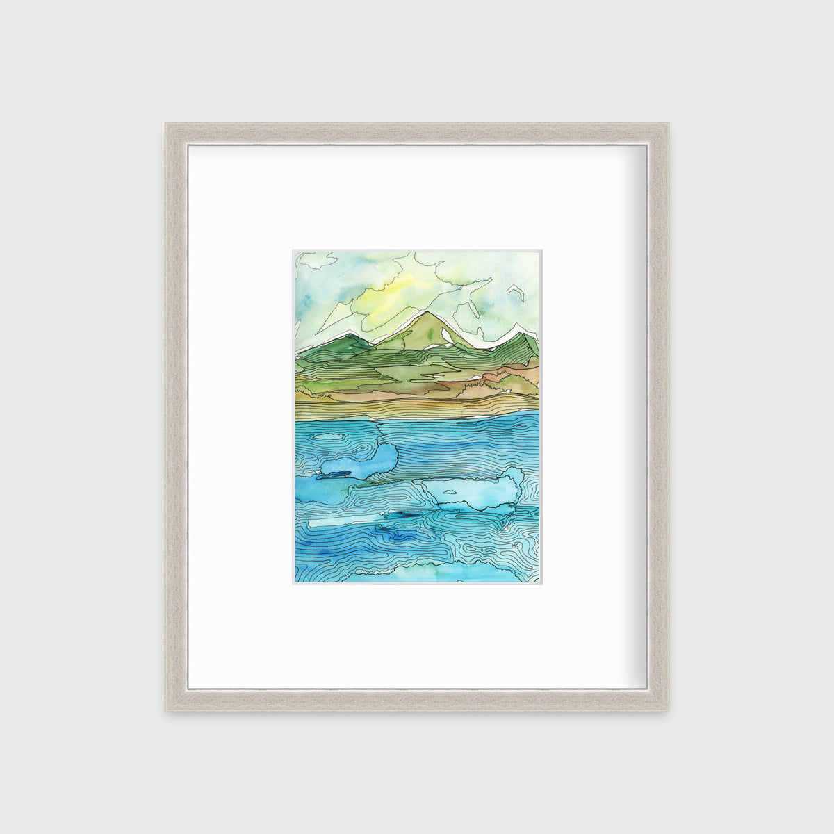 A blue, green, brown and light yellow abstract landscape with black outlines print in a silver frame with a mat hangs on a white wall.