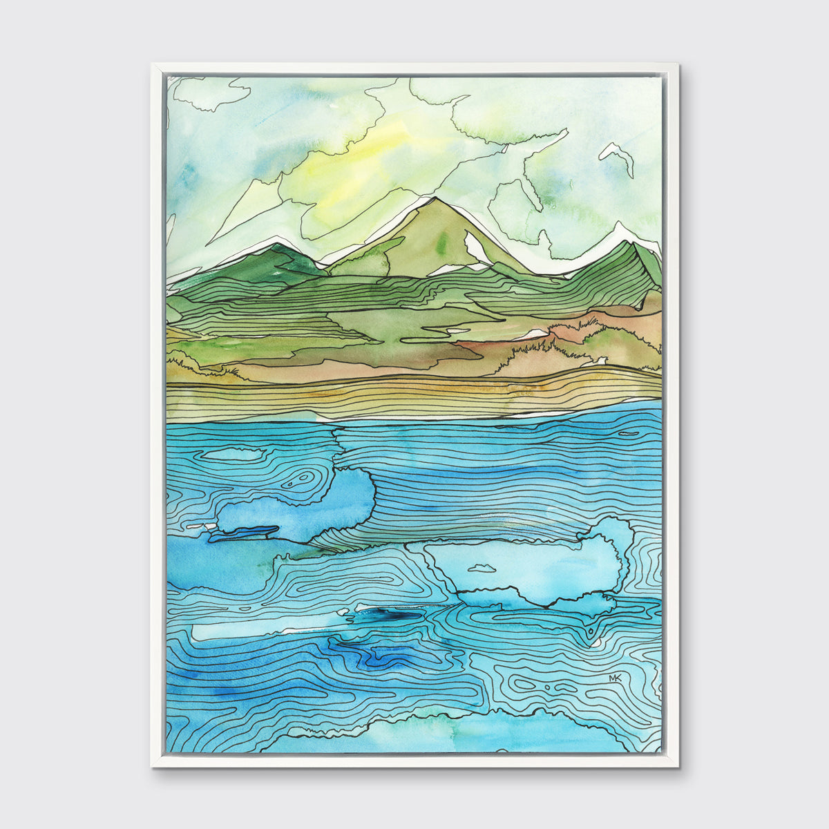 A blue, green, brown and light yellow abstract landscape with black outlines print in white floater frame hangs on a white wall.