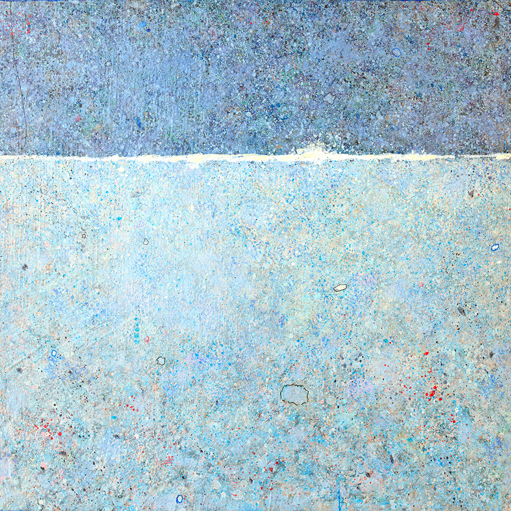 A blue abstract landscape print with dark blue above light blue separated by a white line.
