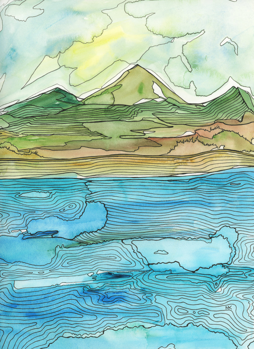 A blue, green, brown and light yellow abstract landscape with black outlines print by Melissa Kircher.
