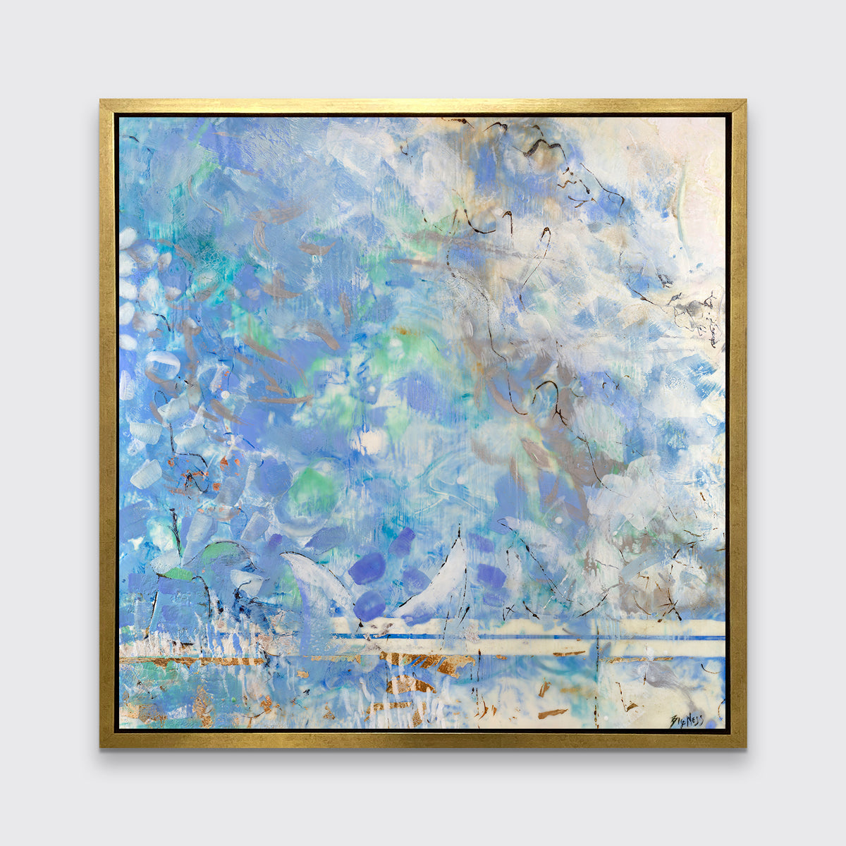 A lavender, blue and cream abstract print in a gold floater frame hangs on a white wall.