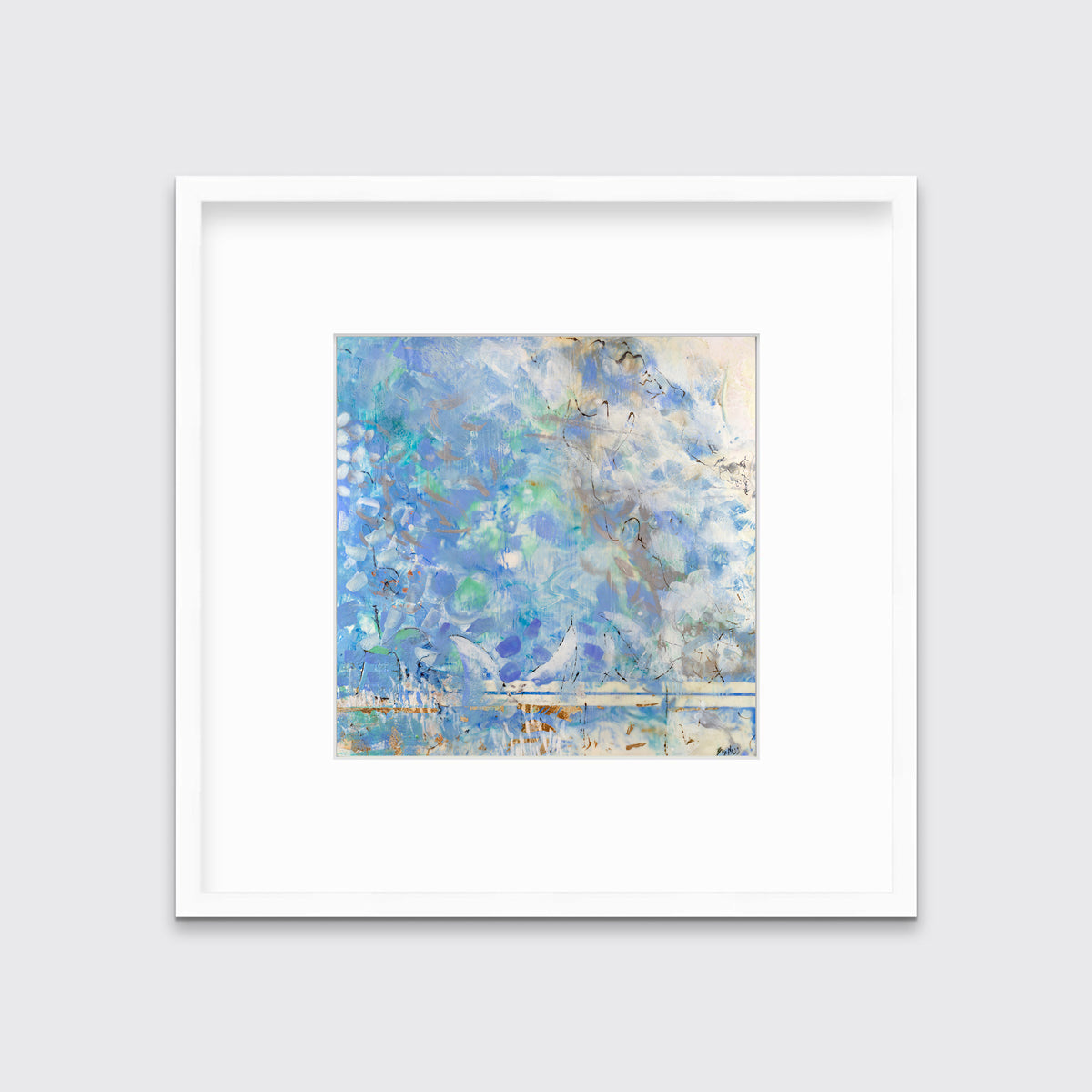A lavender, blue and cream abstract print in a white frame with a mat hangs on a white wall.