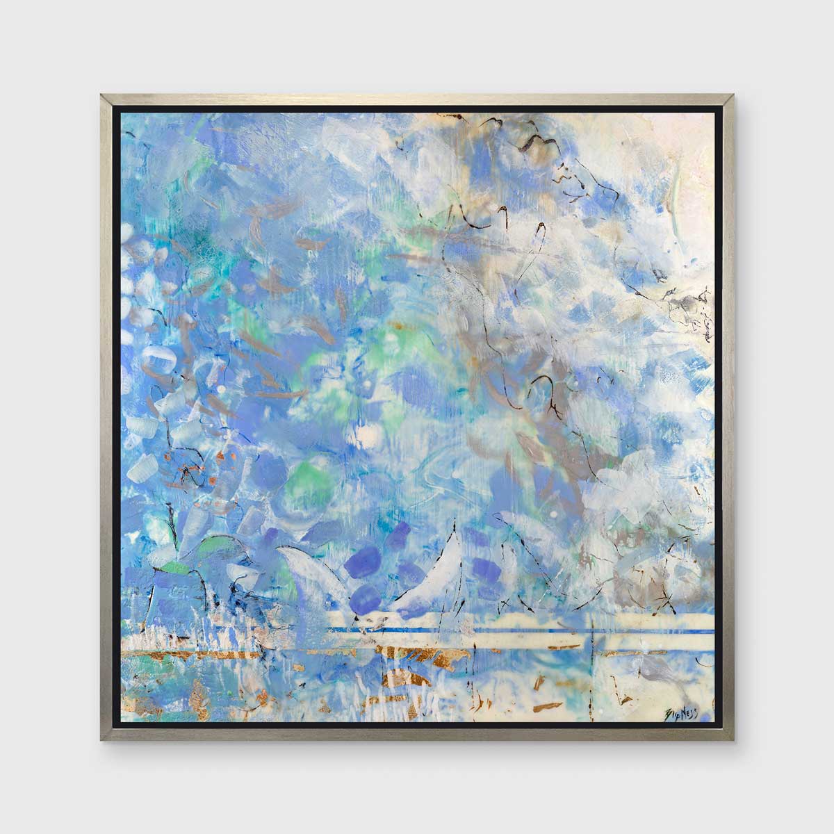 A lavender, blue and cream abstract print in a silver floater frame hangs on a white wall.
