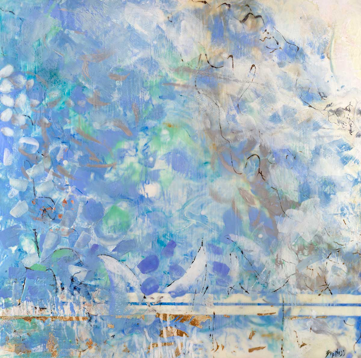A lavender, blue and cream abstract print by Linda Bigness.