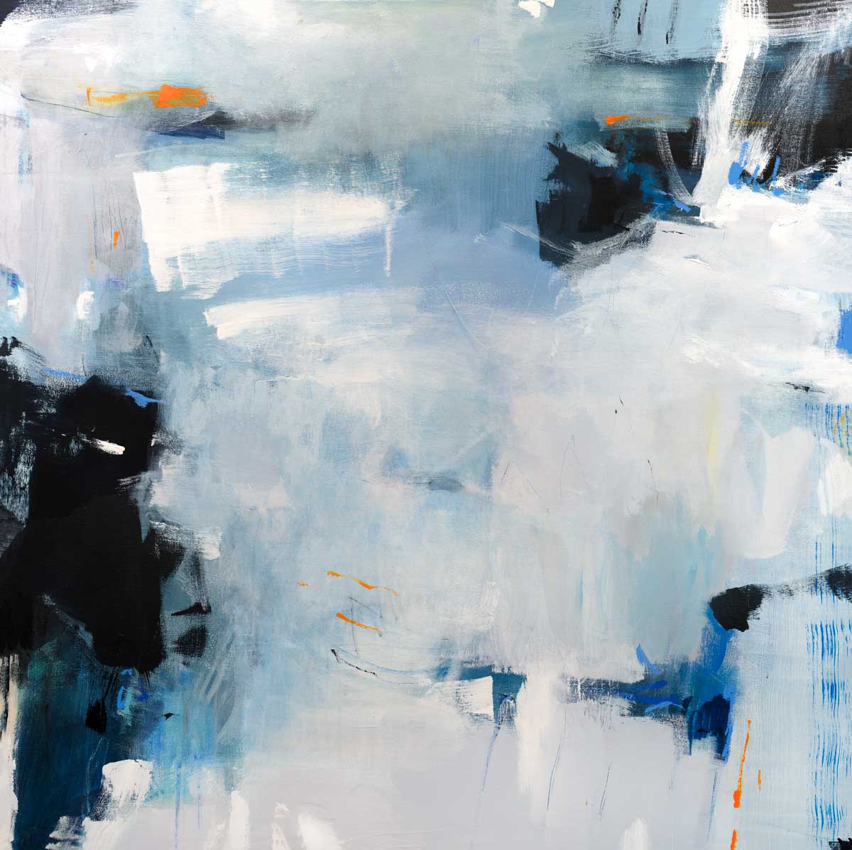 A blue and white abstract print by Kelly Rossetti with orange, grey and black accents.