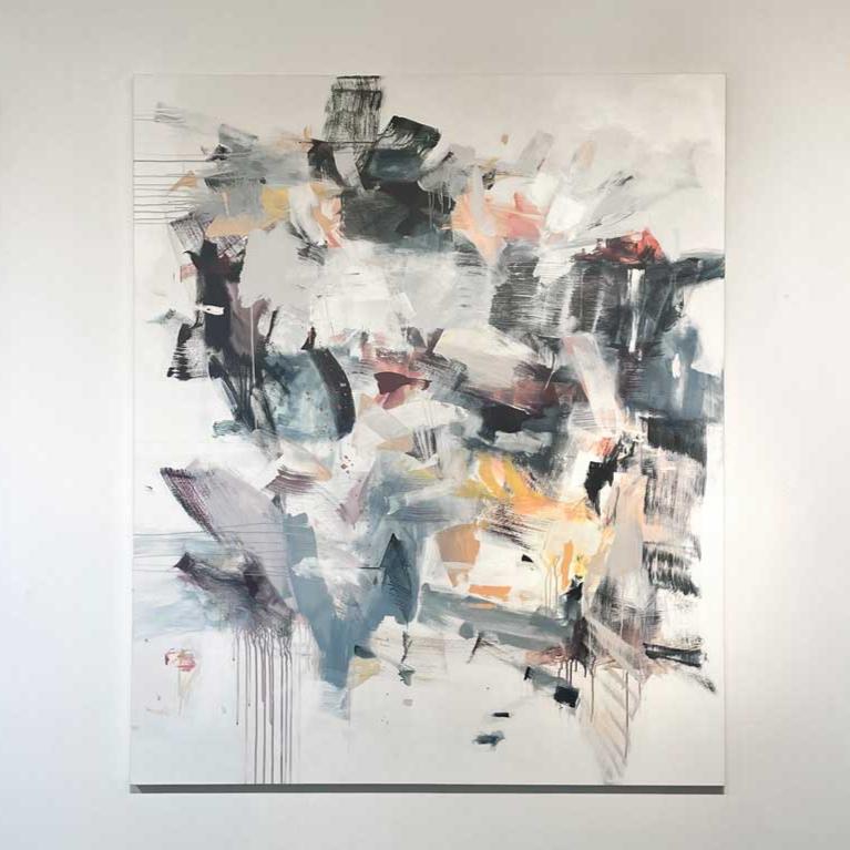 Multi-colored cool toned abstract painting by Kelly Rossetti hangs on a white wall in the gallery.
