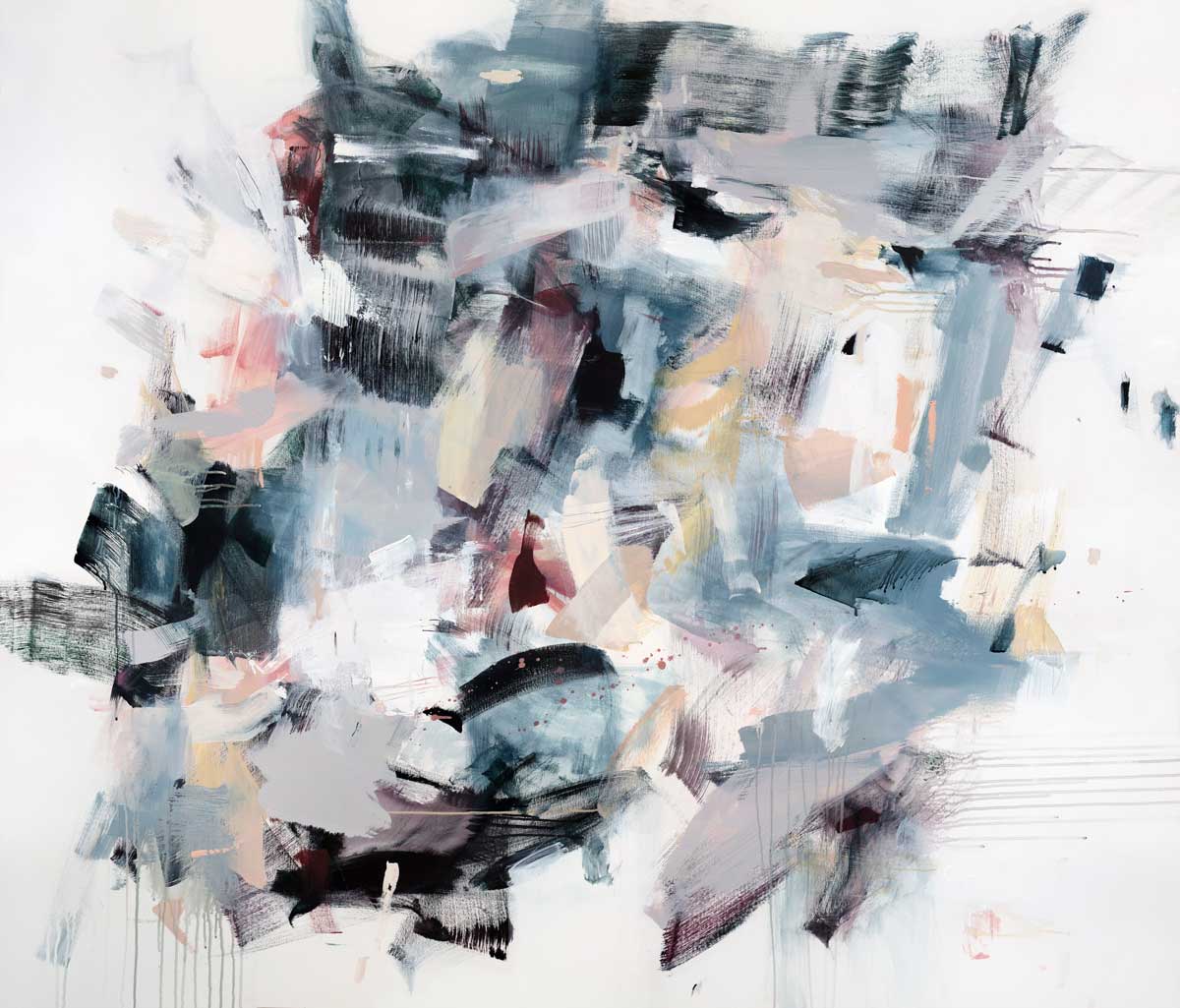 A multicolored abstract print by Kelly Rossetti.