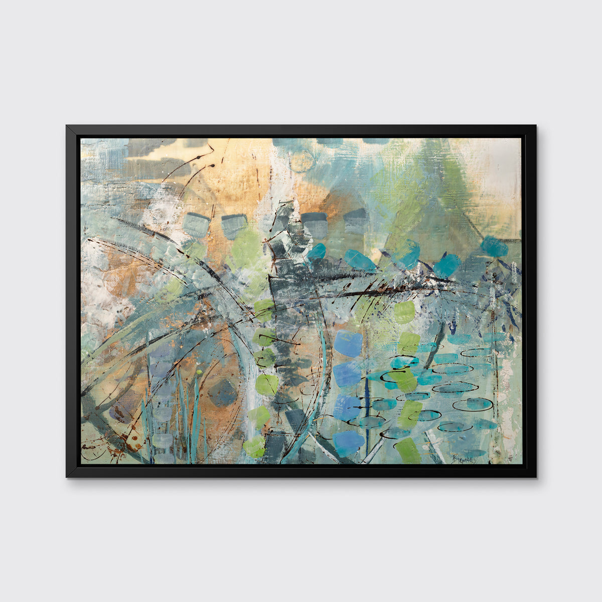 A blue, green, orange and black abstract print in a black floater frame hangs on a white wall.