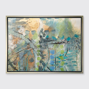 A blue, green, orange and black abstract print in a silver floater frame hangs on a white wall.