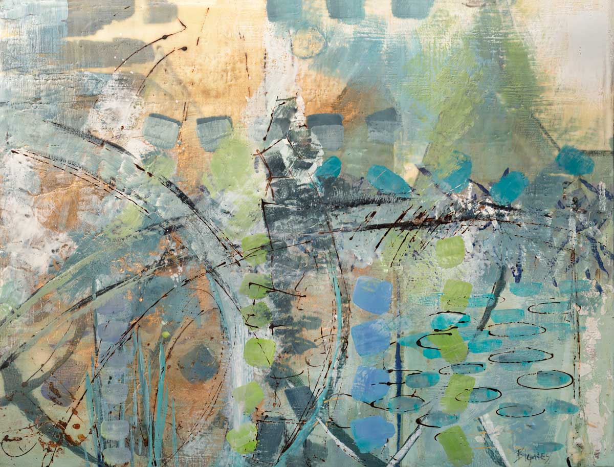 A blue, green, orange and black abstract print by Linda Bigness.