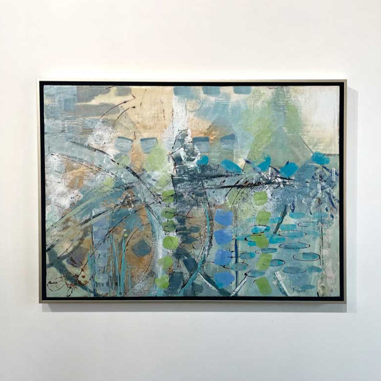 A horizontal abstract artwork featuring various shades of blue, beige, and green, titled 'Shanty Town' by Linda Bigness.