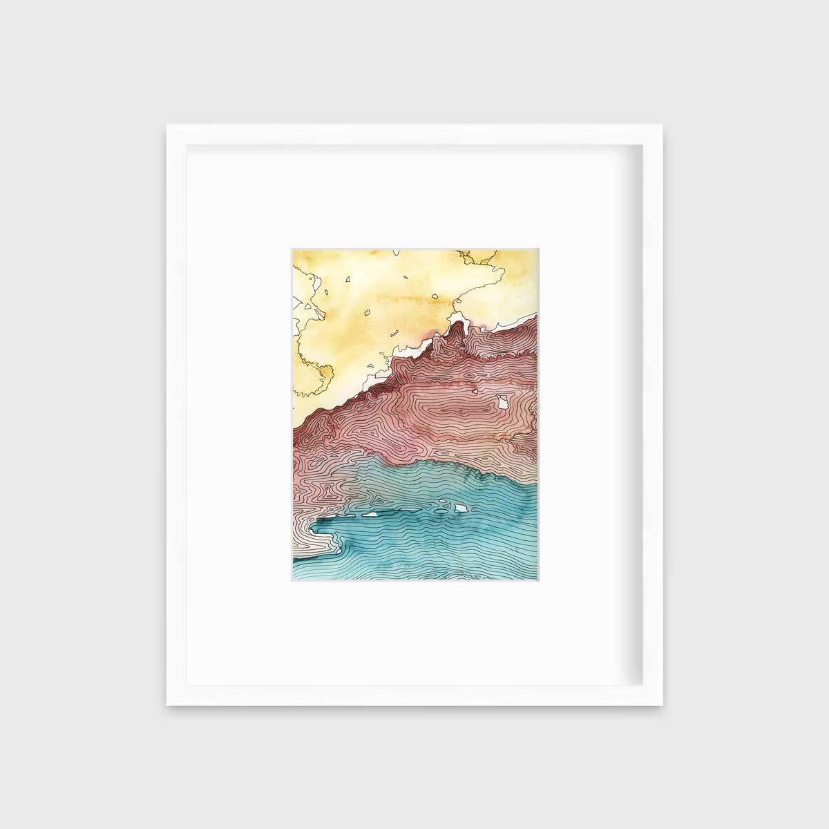 A yellow, dark red, teal and black abstract landscape print in a white frame with a mat hangs on a white wall.