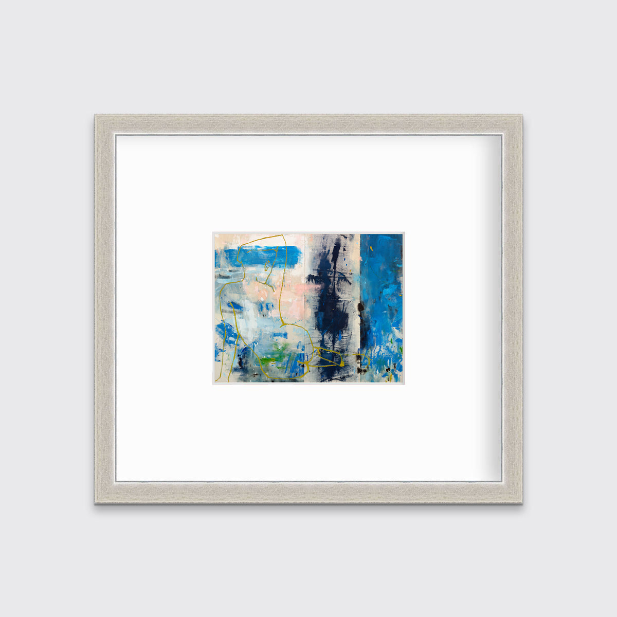 A blue, beige, gold and pink abstract figurative print in a silver frame with a mat hangs on a white wall.