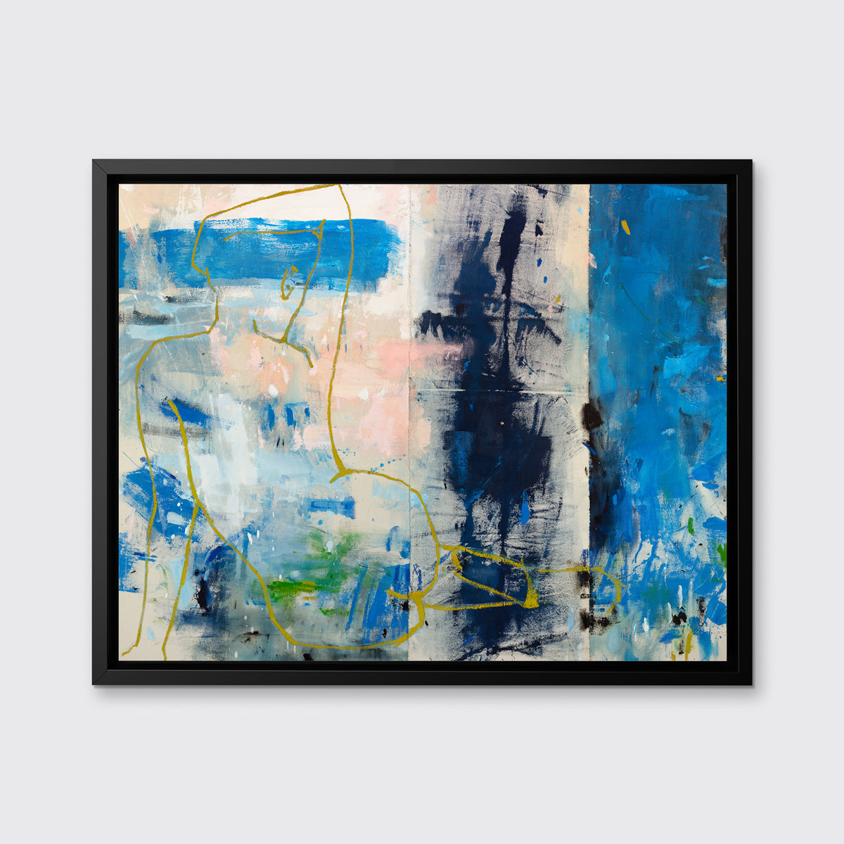 A blue, beige, gold and pink abstract figurative print in a black floater frame hangs on a white wall.