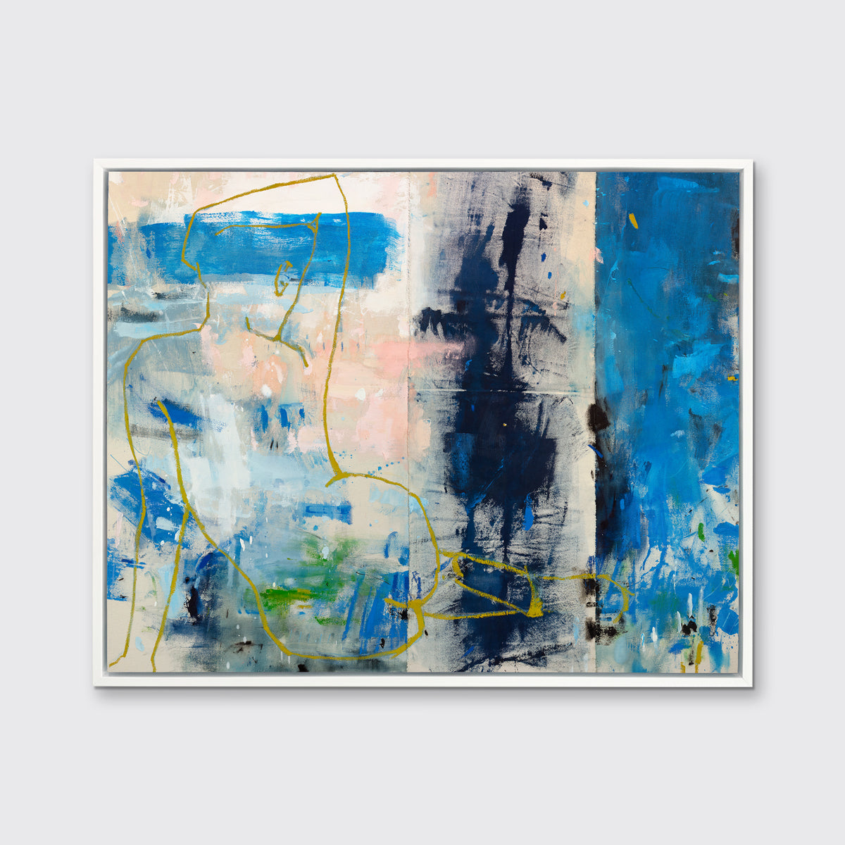 A blue, beige, gold and pink abstract figurative print in a white floater frame hangs on a white wall.