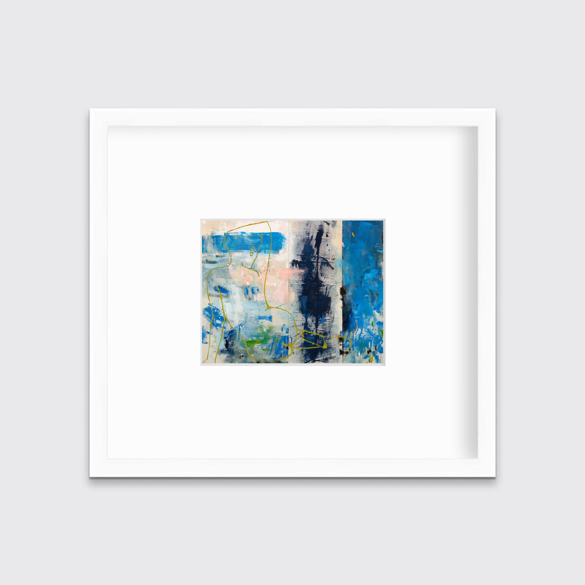 A blue, beige, gold and pink abstract figurative print in a white frame with a mat hangs on a white wall.