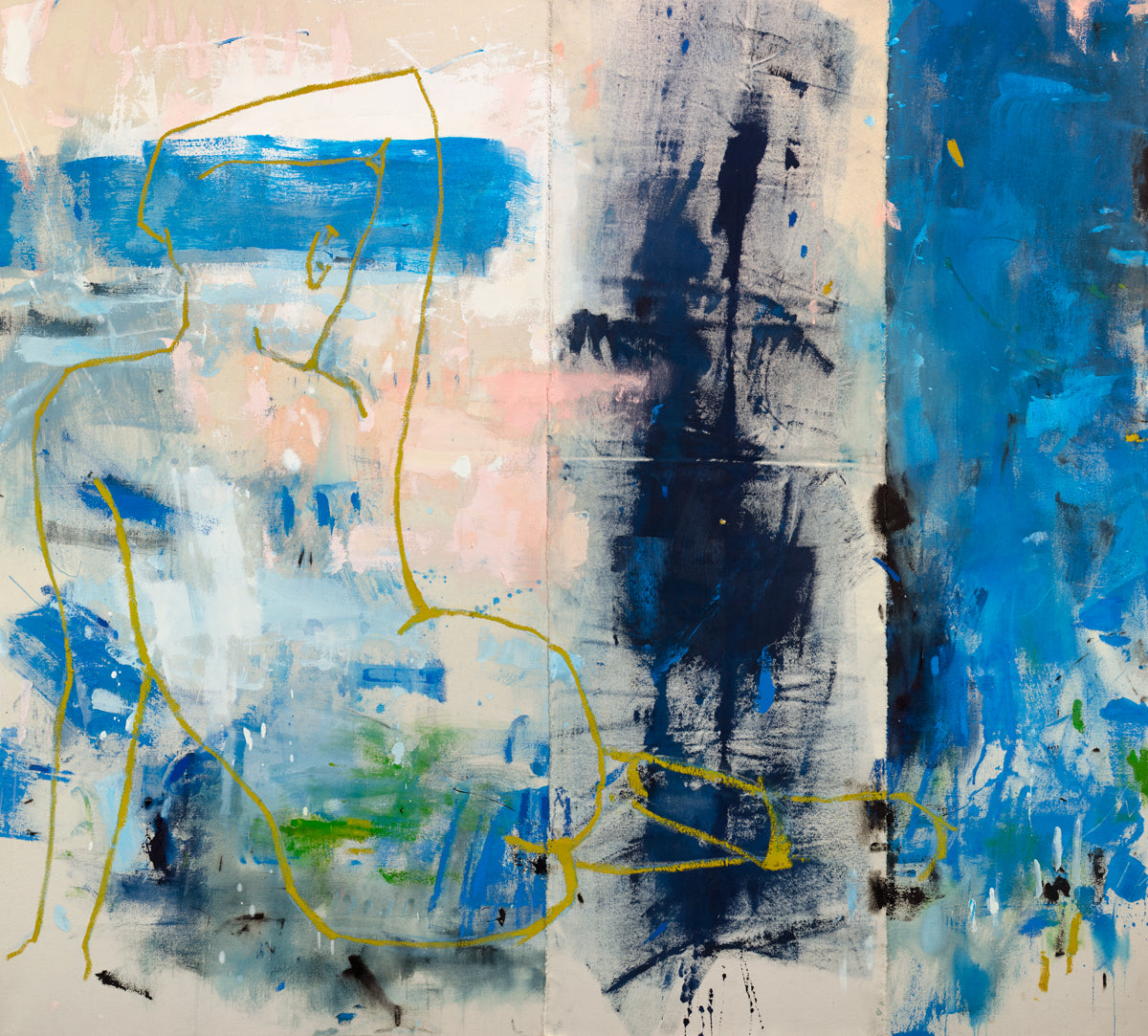 A blue, beige, gold and pink abstract figurative print by Kelly Rossetti.