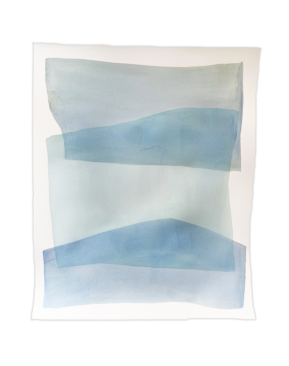 A watercolor painting of blue and turquoise stacked forms painted by Nealy Hauschildt. Wired and ready to hang.