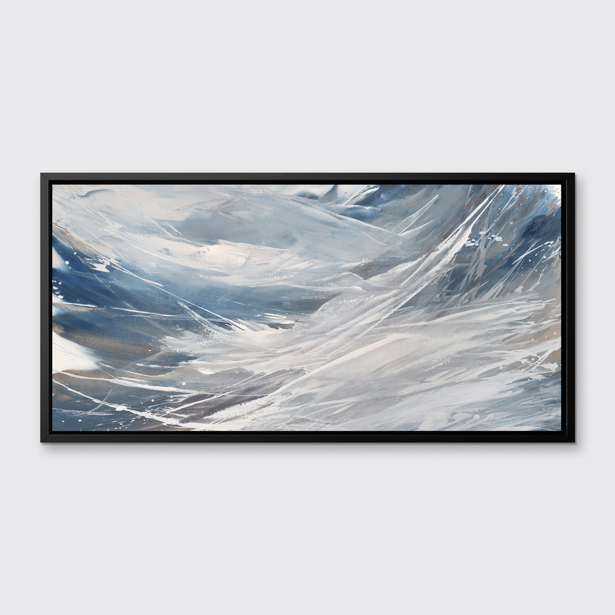 A grey, white and blue abstract print in a black floater frame hangs on a white wall.