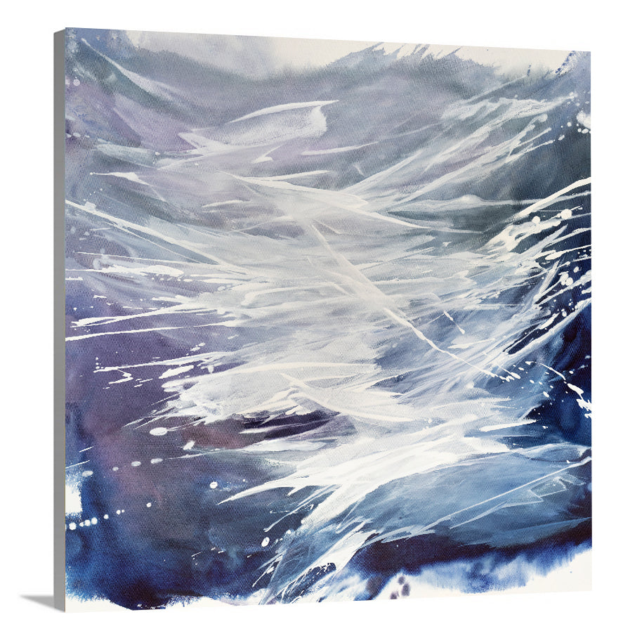 A side-angle view of a purple, grey, white and blue abstract print on canvas.