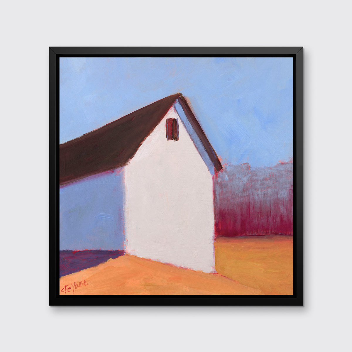 A blue, white, red and orange contemporary barn print in a black floater frame hangs on a white wall.