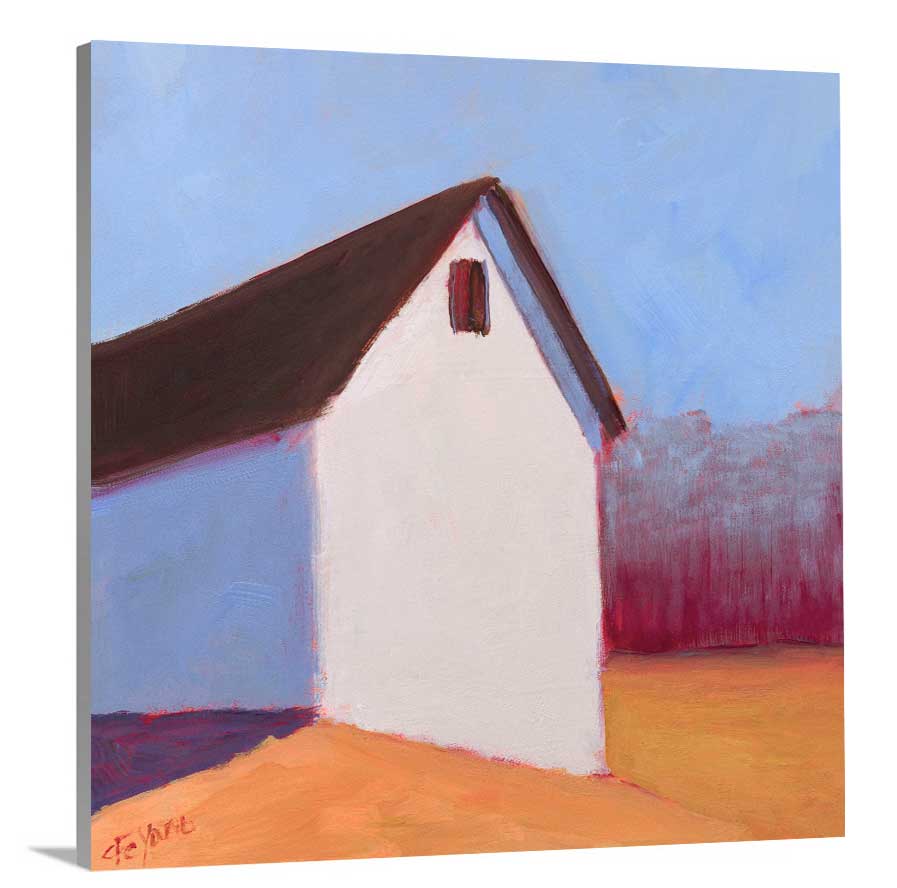 A side-angle view of a blue, white, red and orange contemporary barn print on canvas.