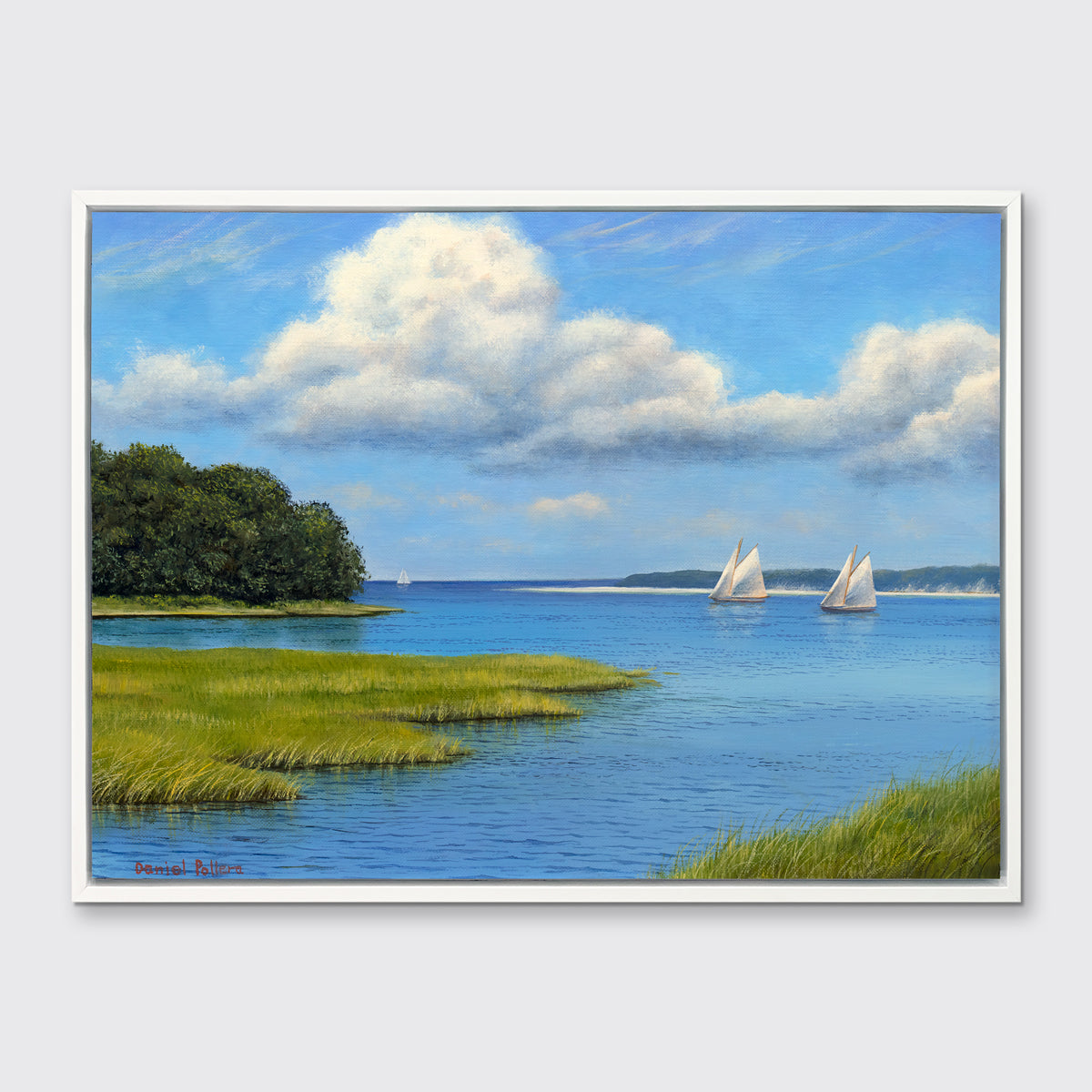 A realist contemporary seascape print with sailboats in a white floater frame hangs on a white wall.