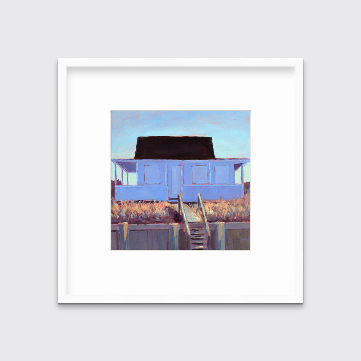A light blue, lavender, burnt orange and brown contemporary cottage print in a white frame with a mat hangs on a white wall.