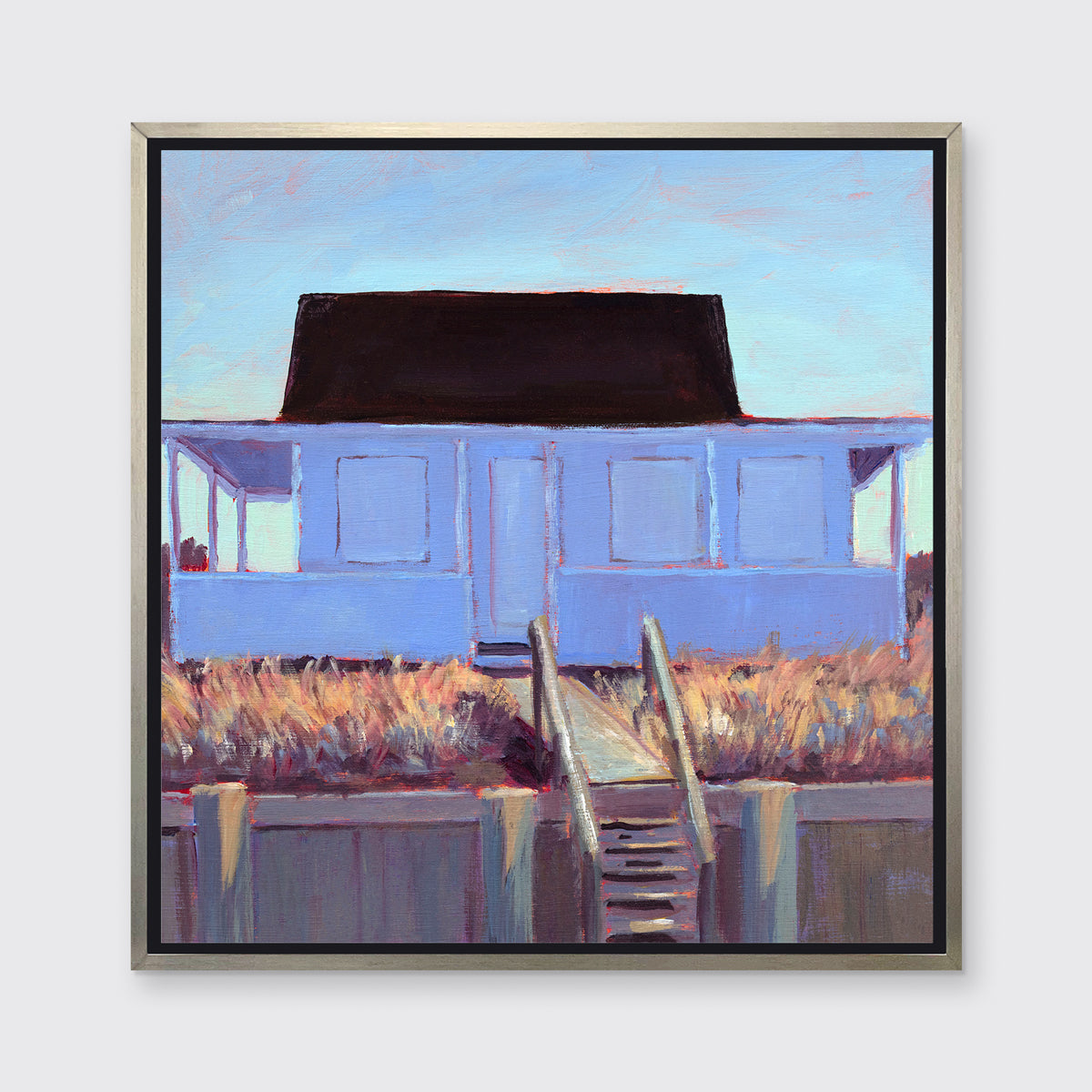 A light blue, lavender, burnt orange and brown contemporary cottage print in a silver floater frame hangs on a white wall.