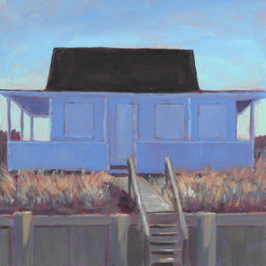 A small painting of a blue house with steps.