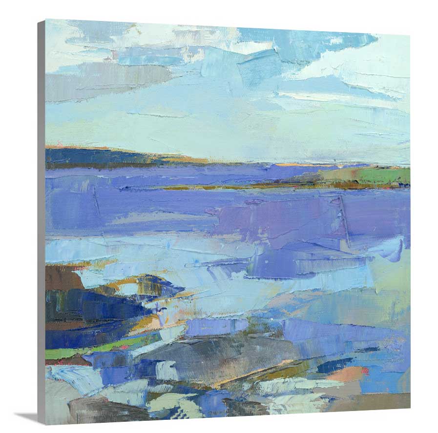 A side-angle view of a blue, purple, white and green abstract landscape print on canvas.