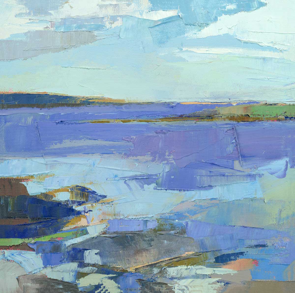 A blue, purple, white and green abstract landscape print by Bri Custer.