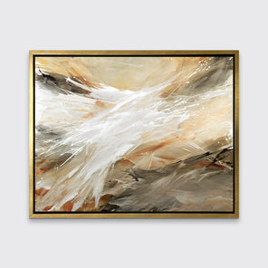 A beige, grey, white and black abstract print in a gold floater frame hangs on a white wall.