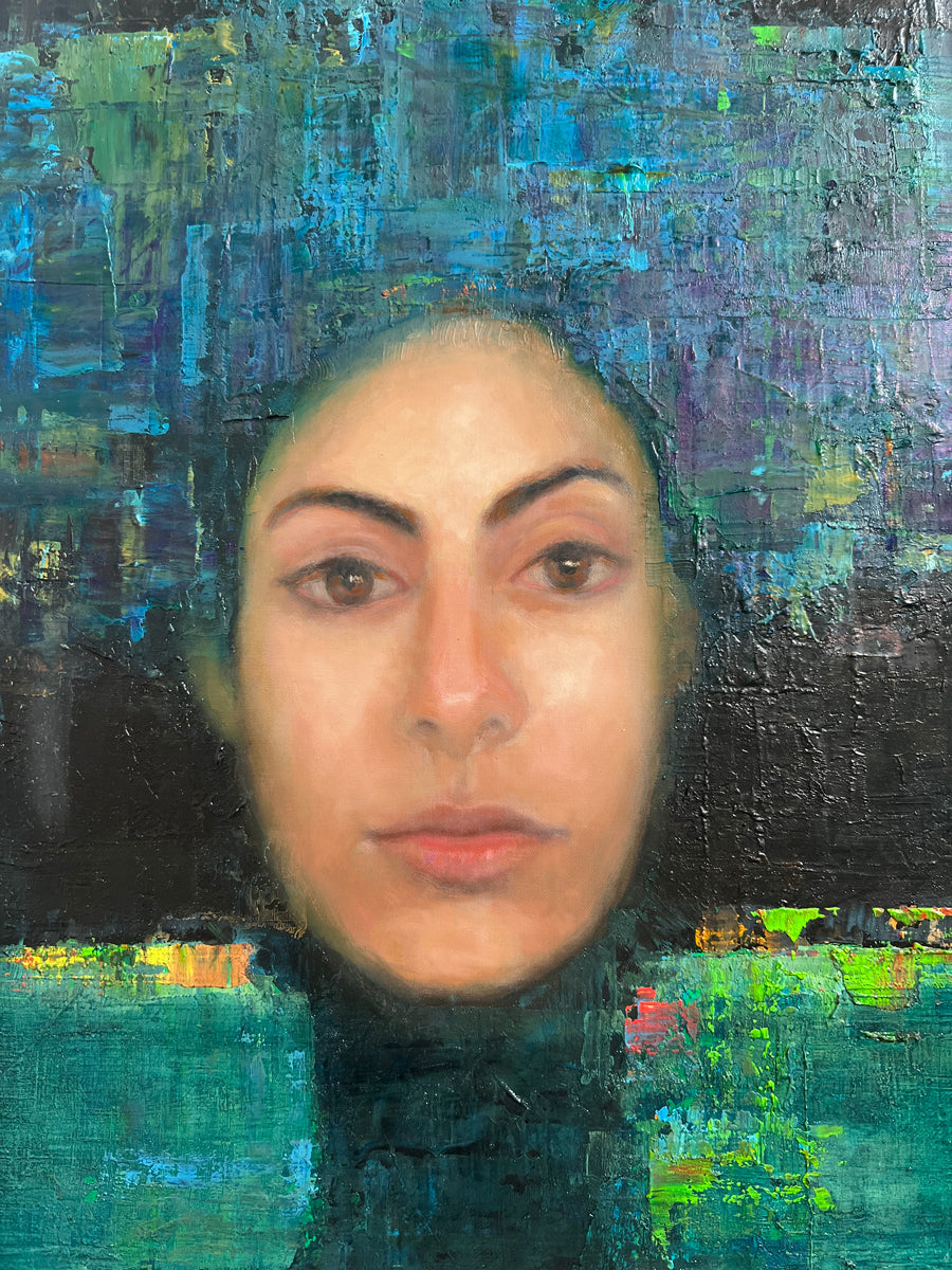 A detail shot of a painting of a woman's face on an abstracted blue and black background.