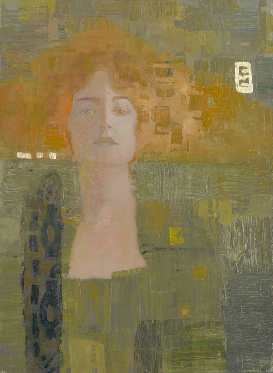 A orange and olive green abstract print of a woman by Ned Martin.